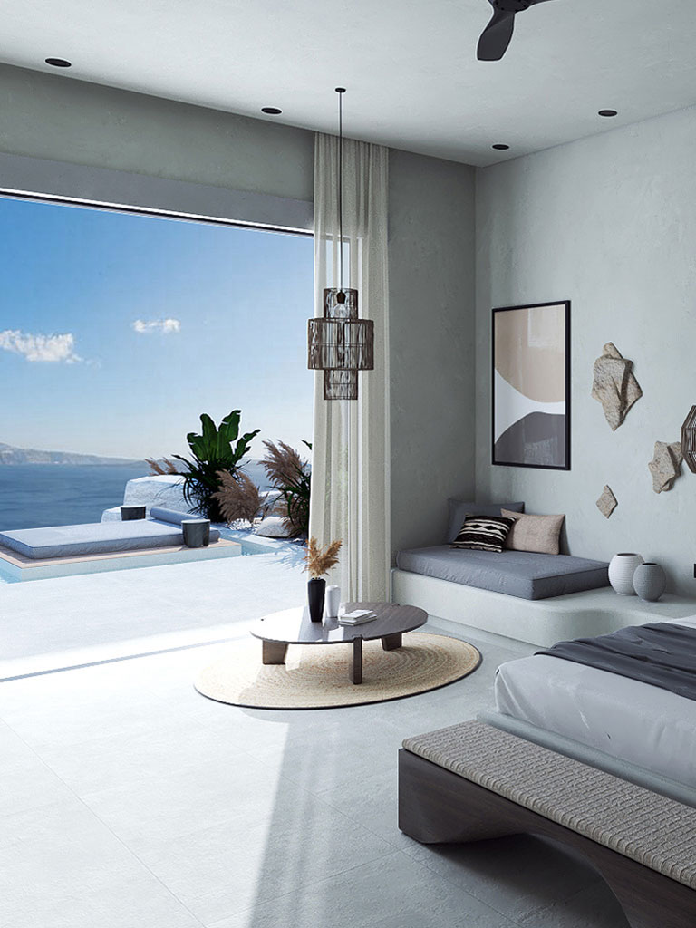 Bedroom corner, window view- Villa Mykonos - Interior Design by Vaggelis Bakas