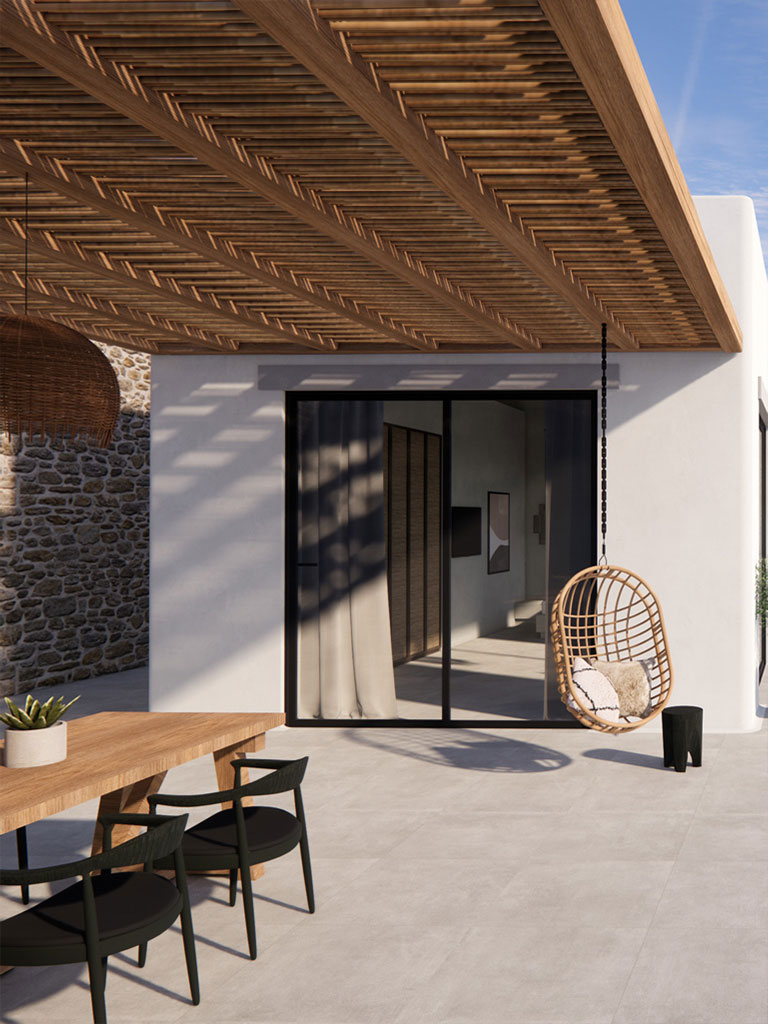 Exterior, veranda, hanging chair - Villa Mykonos - Interior Design by Vaggelis Bakas
