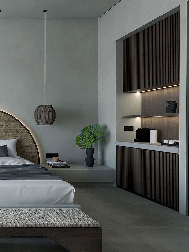 Bedroom, Mini Bar- Villa Mykonos - Interior Design by Vaggelis Bakas